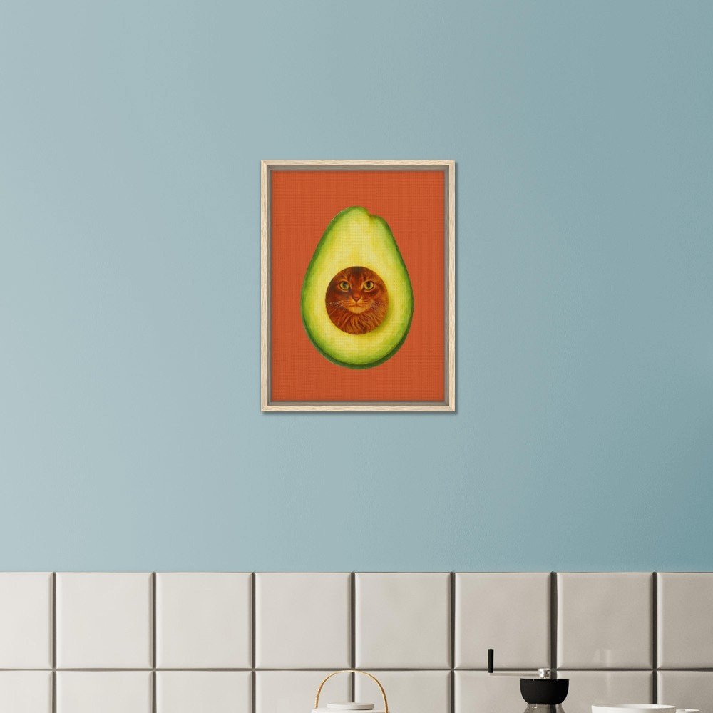 avocado cat framed canvas, cat lovers home decor, avocado lovers kitchen decor