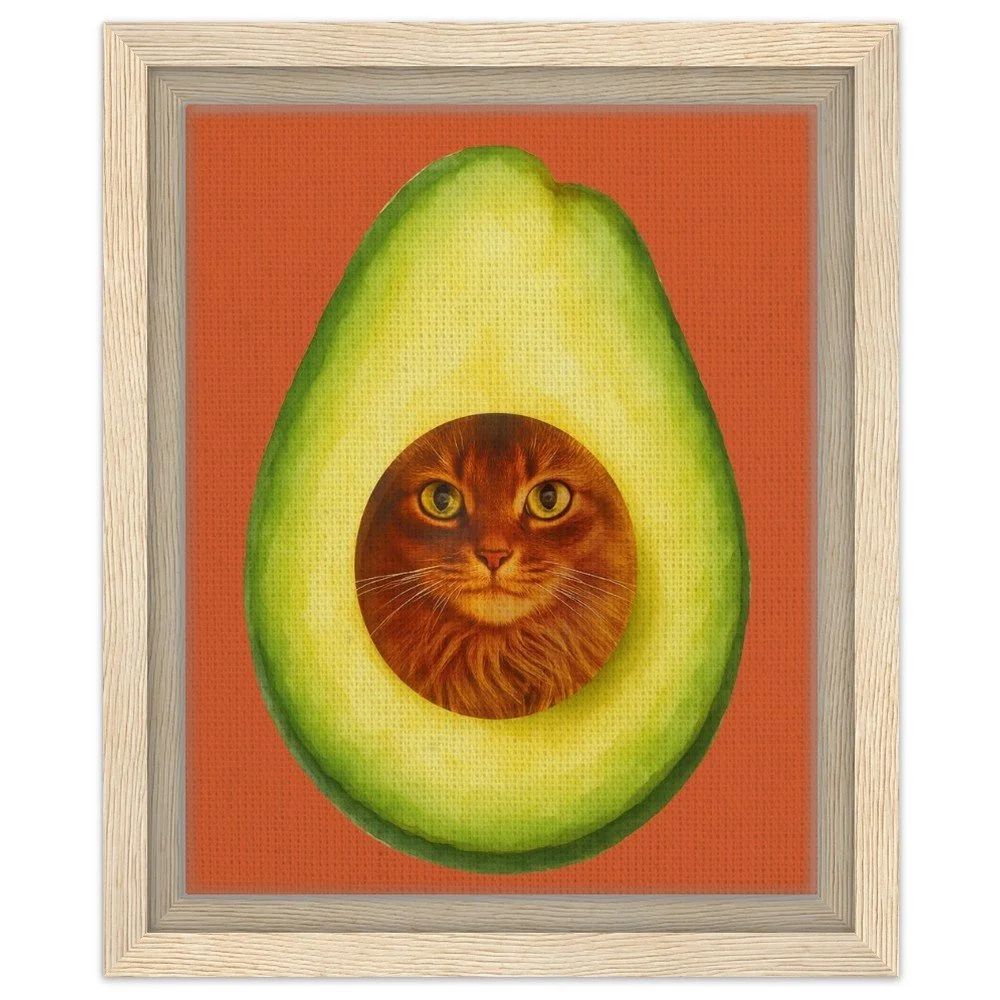 avocado cat framed canvas, cat lovers home decor, avocado lovers kitchen decor