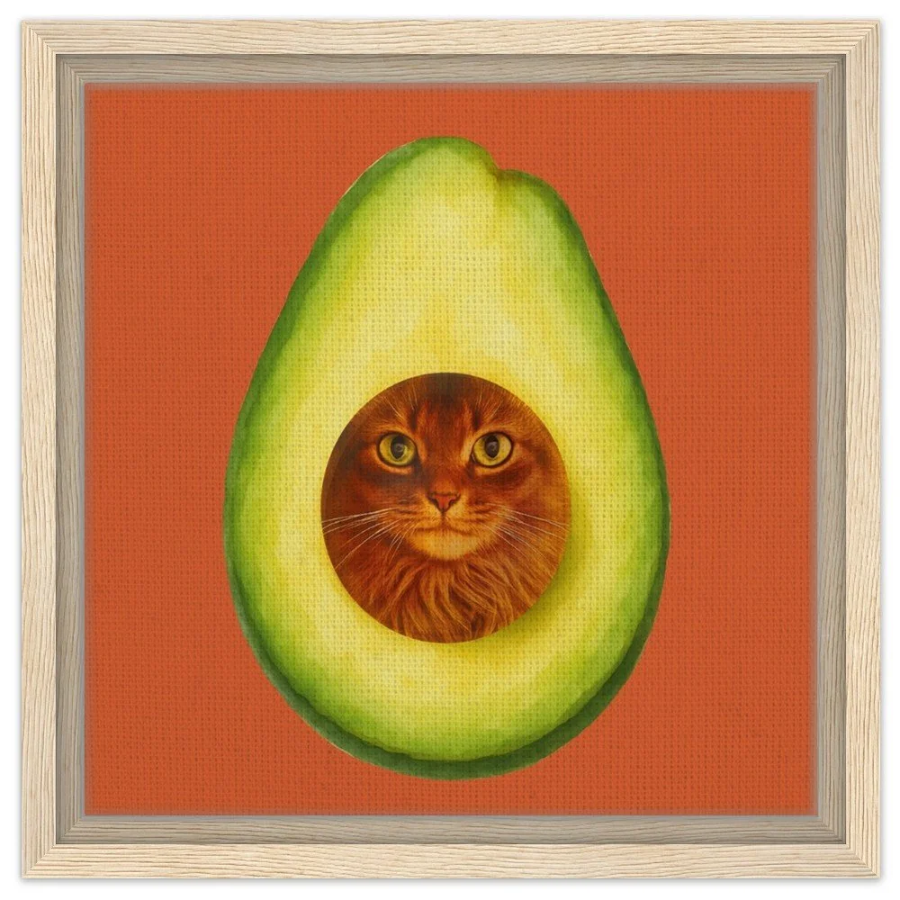 avocado cat framed canvas, cat lovers home decor, avocado lovers kitchen decor