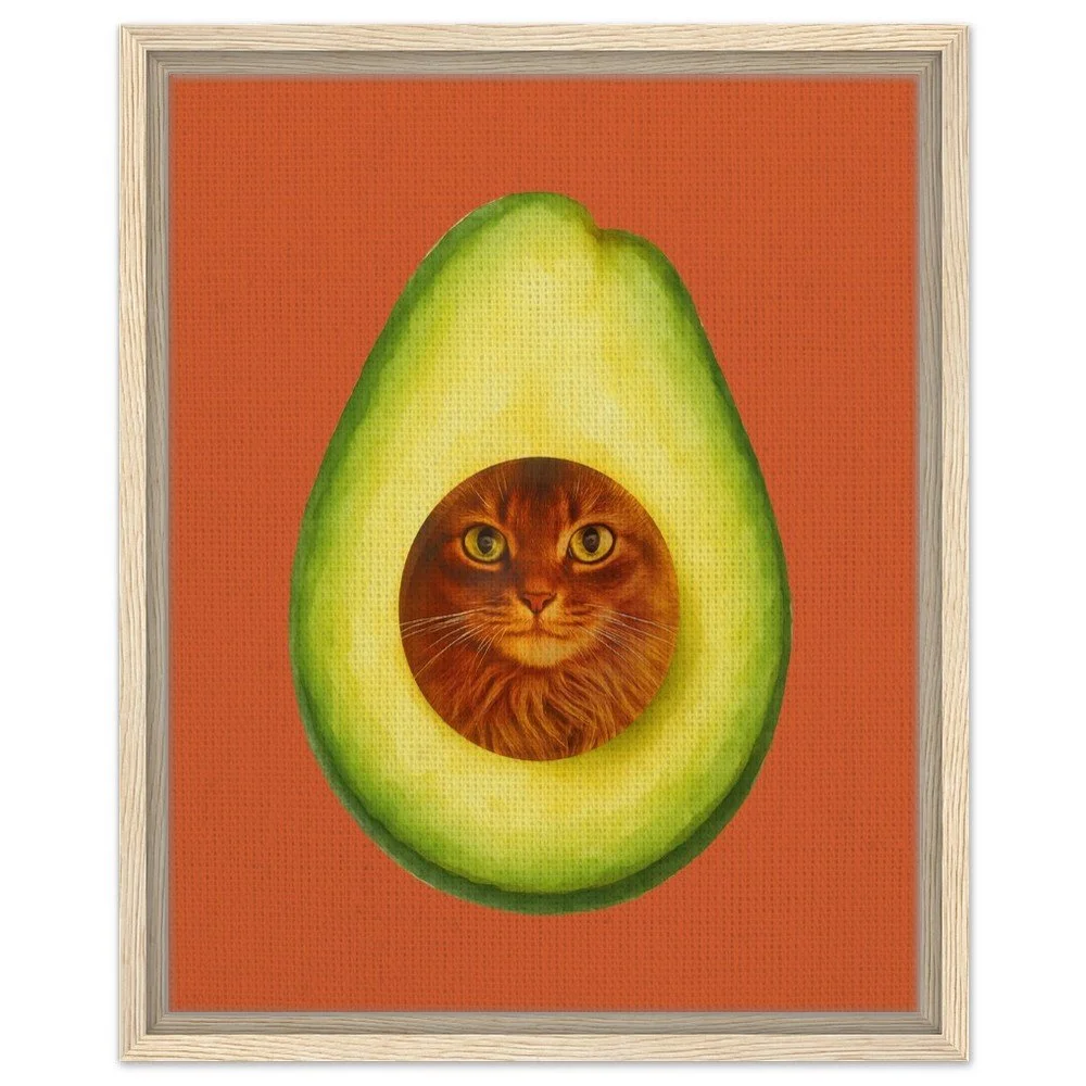 avocado cat framed canvas, cat lovers home decor, avocado lovers kitchen decor
