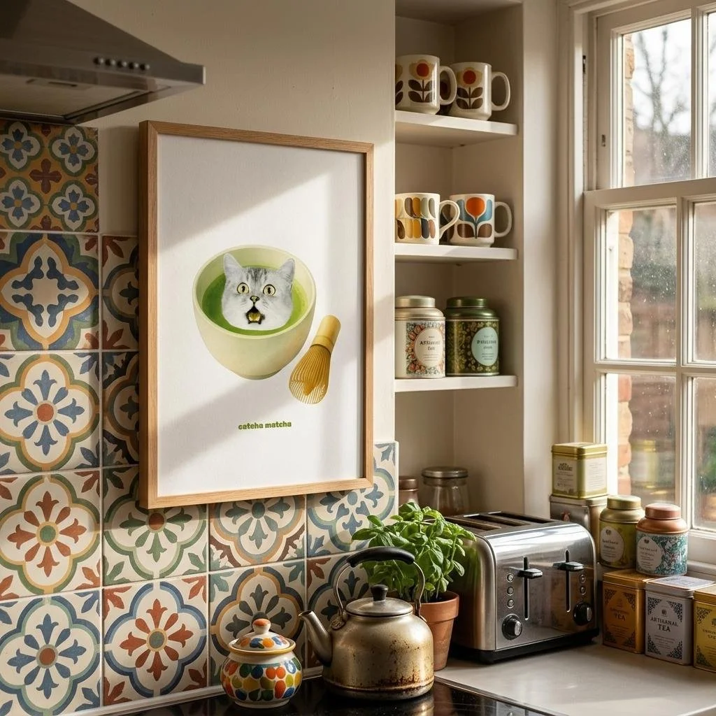 catcha matcha framed print, cat lovers and matcha lovers home kitchen decor