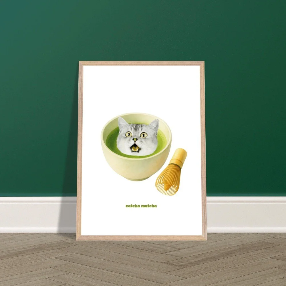 catcha matcha framed print, cat lovers and matcha lovers home kitchen decor