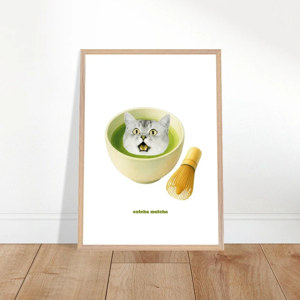 catcha matcha framed print, cat lovers and matcha lovers home kitchen decor