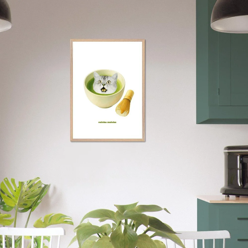catcha matcha framed print, cat lovers and matcha lovers home kitchen decor