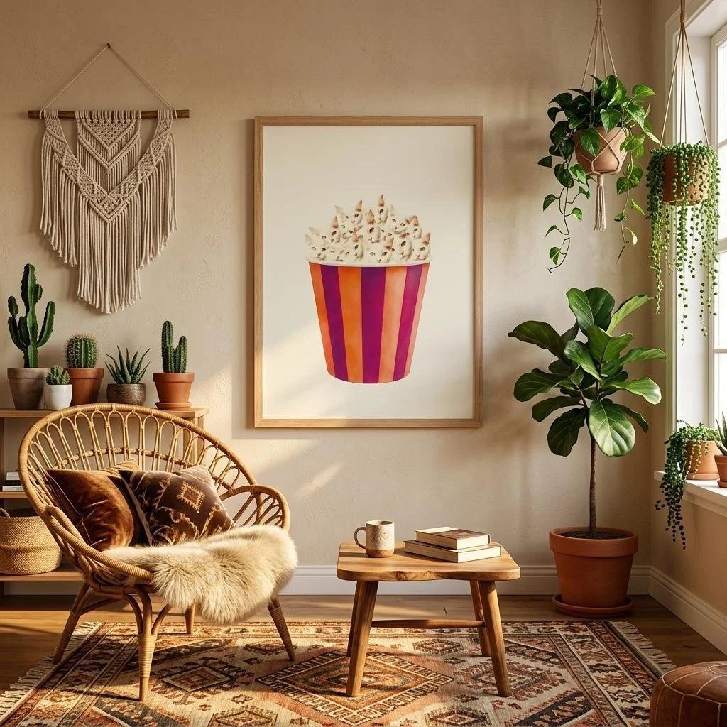 quirky cat framed print, movie night popcorn poster