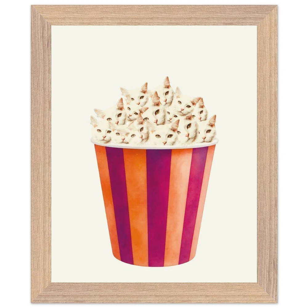 quirky cat framed print, popcorn wall art