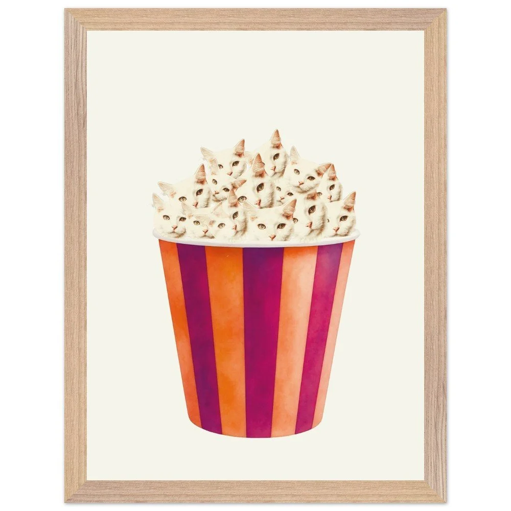 quirky cat framed print, popcorn wall art