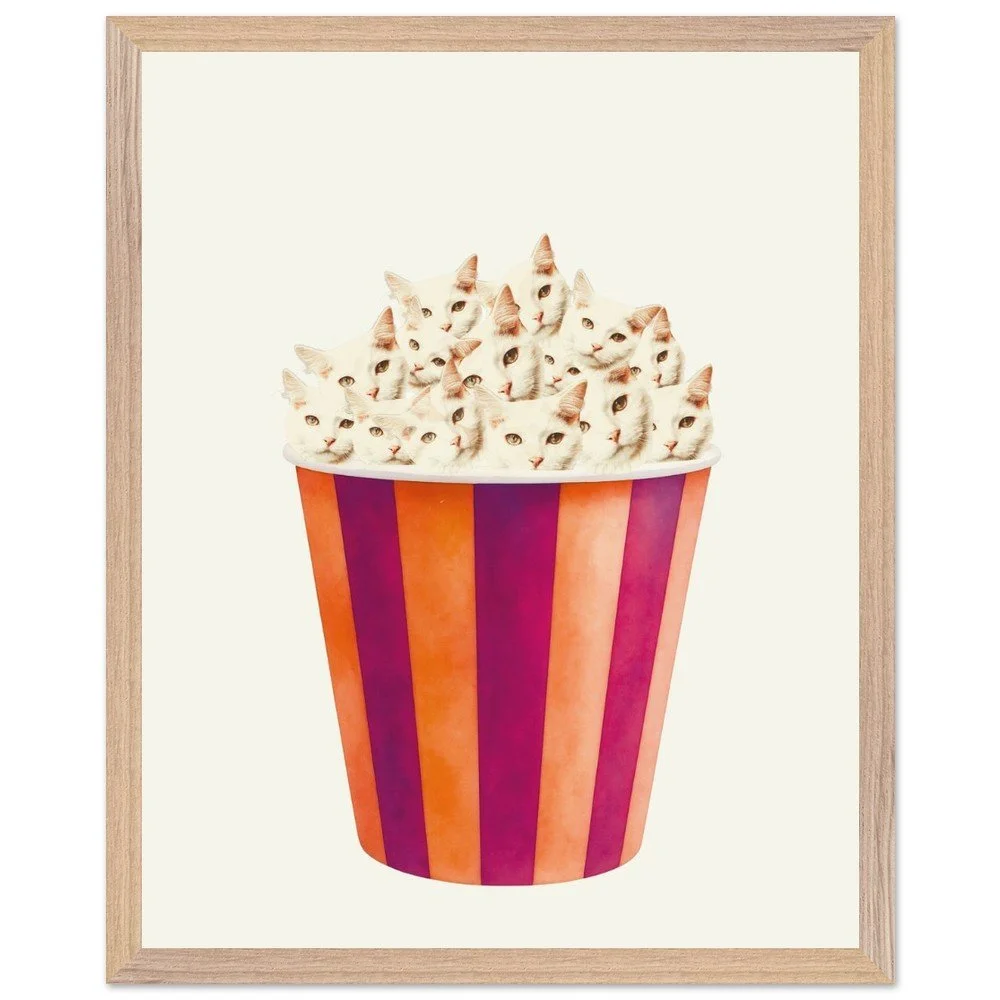 quirky cat framed print, popcorn wall art