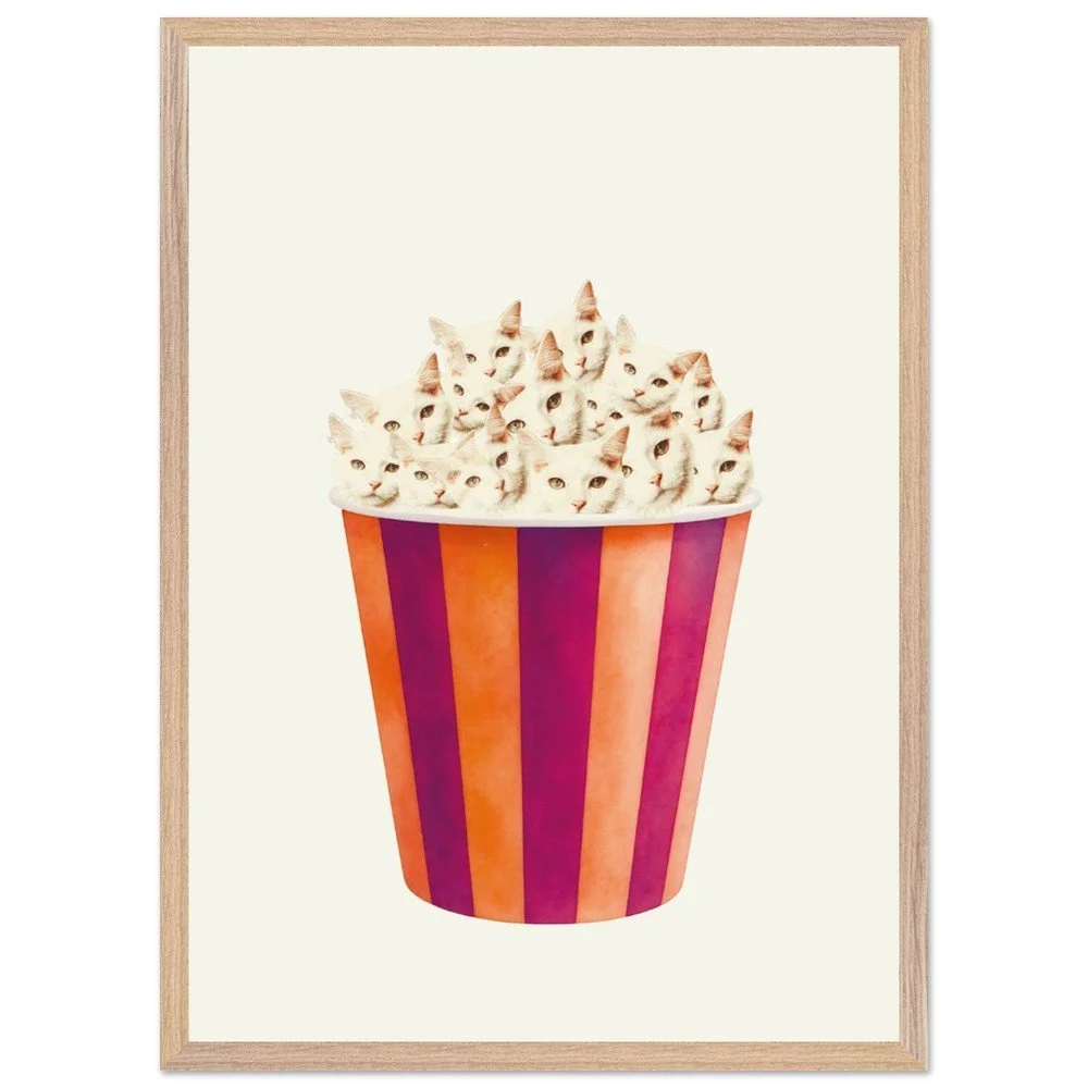 quirky cat framed print, movie night popcorn poster