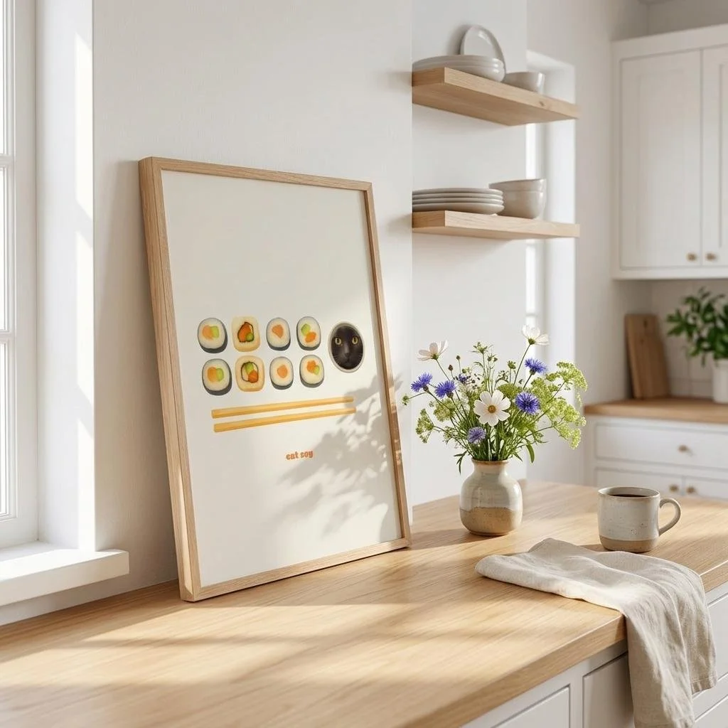 cat soy framed print, cat lovers and sushi lovers print home decor