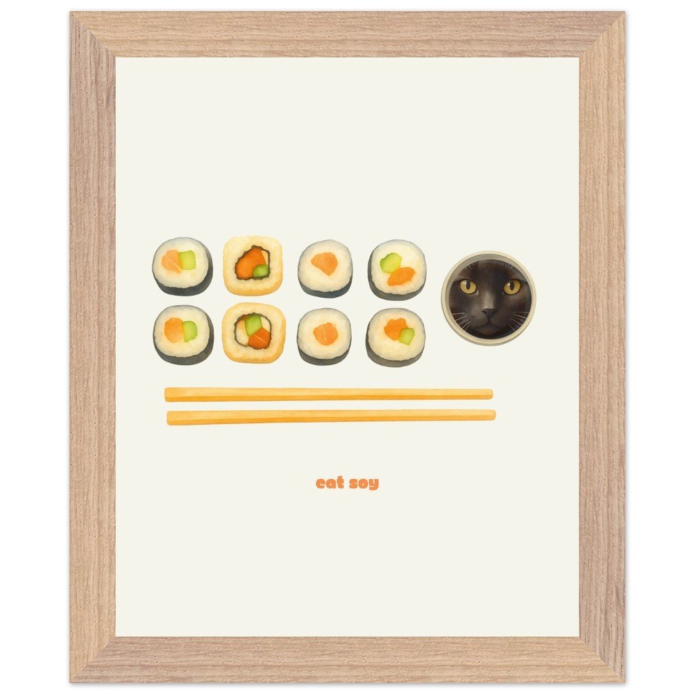 cat soy framed print, cat lovers and sushi lovers print home decor