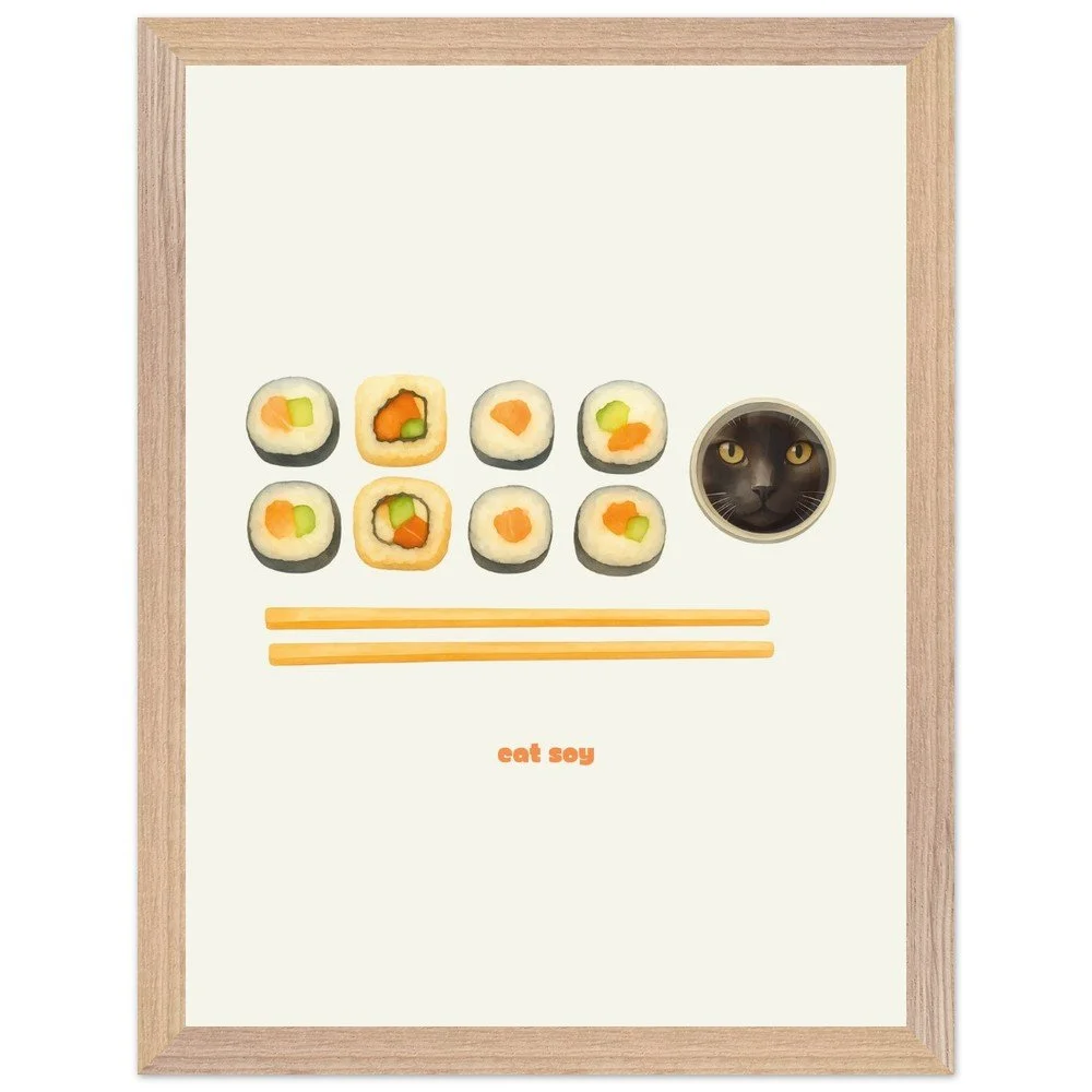 cat soy framed print, cat lovers and sushi lovers print home decor