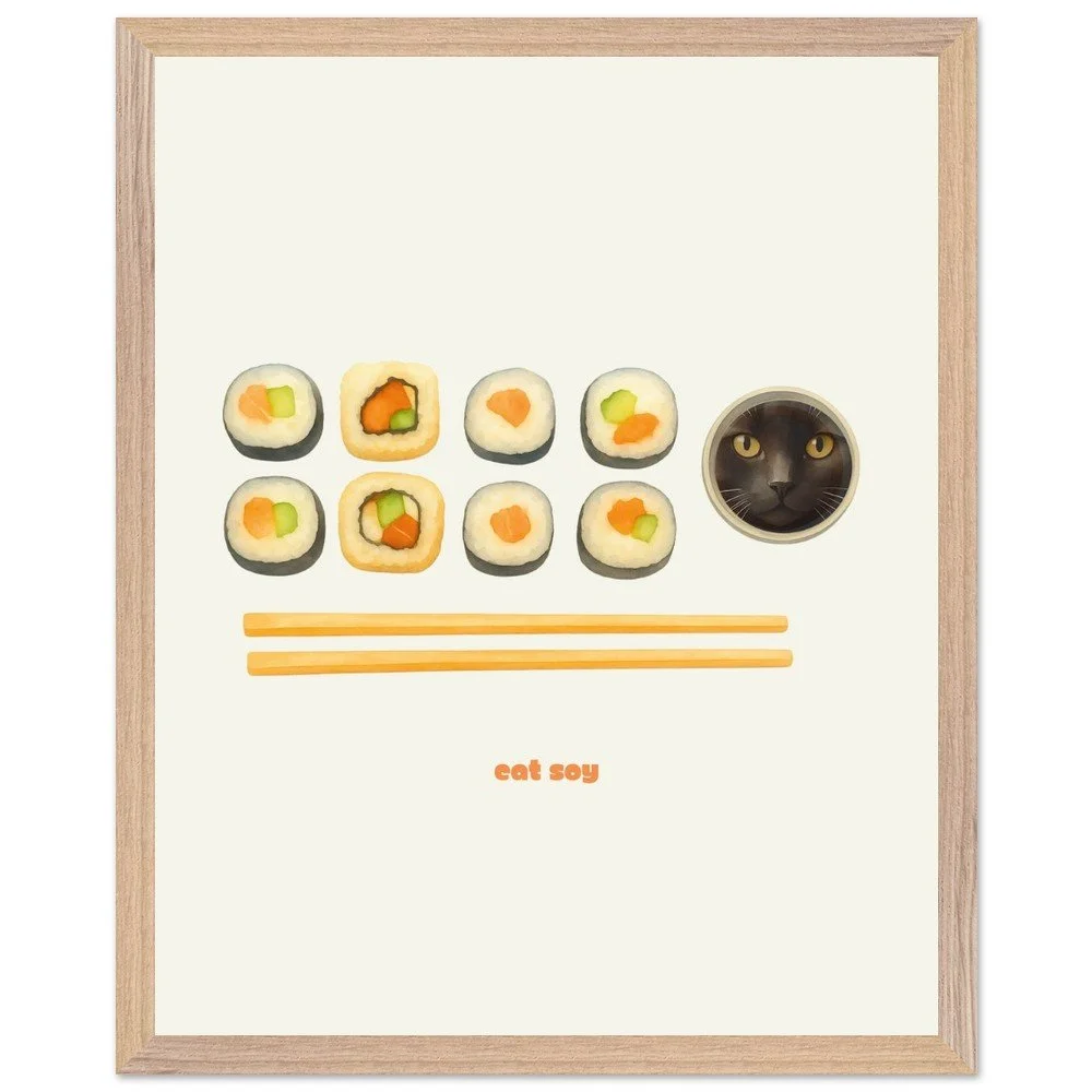 cat soy framed print, cat lovers and sushi lovers print home decor