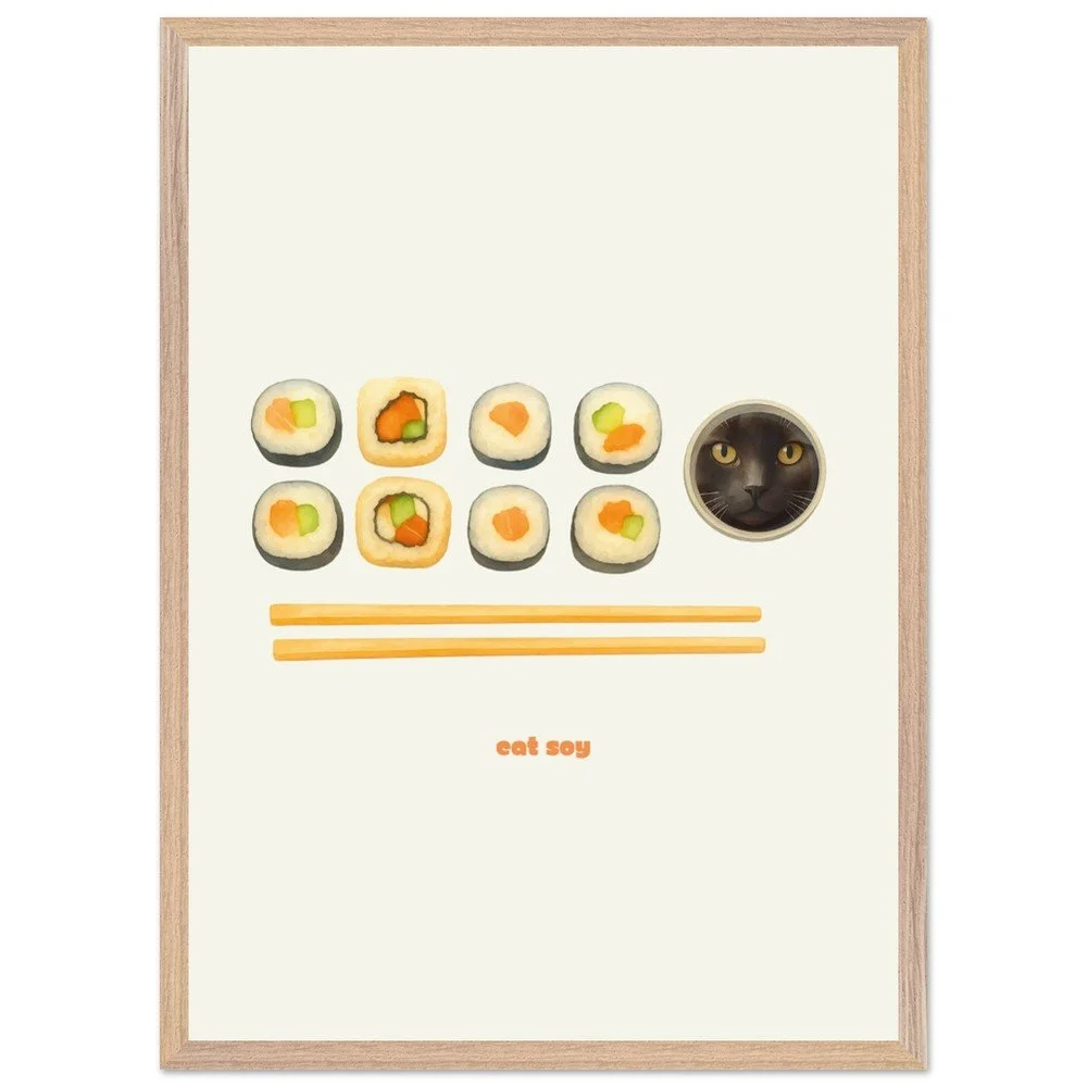 cat soy framed print, cat lovers and sushi lovers print home decor
