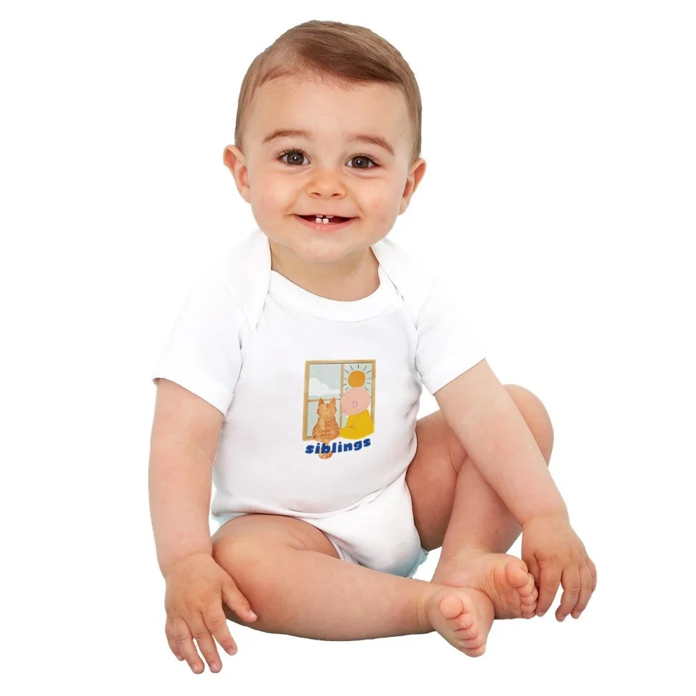 cat and baby siblings, cat baby clothing, cat design onesie organic cotton