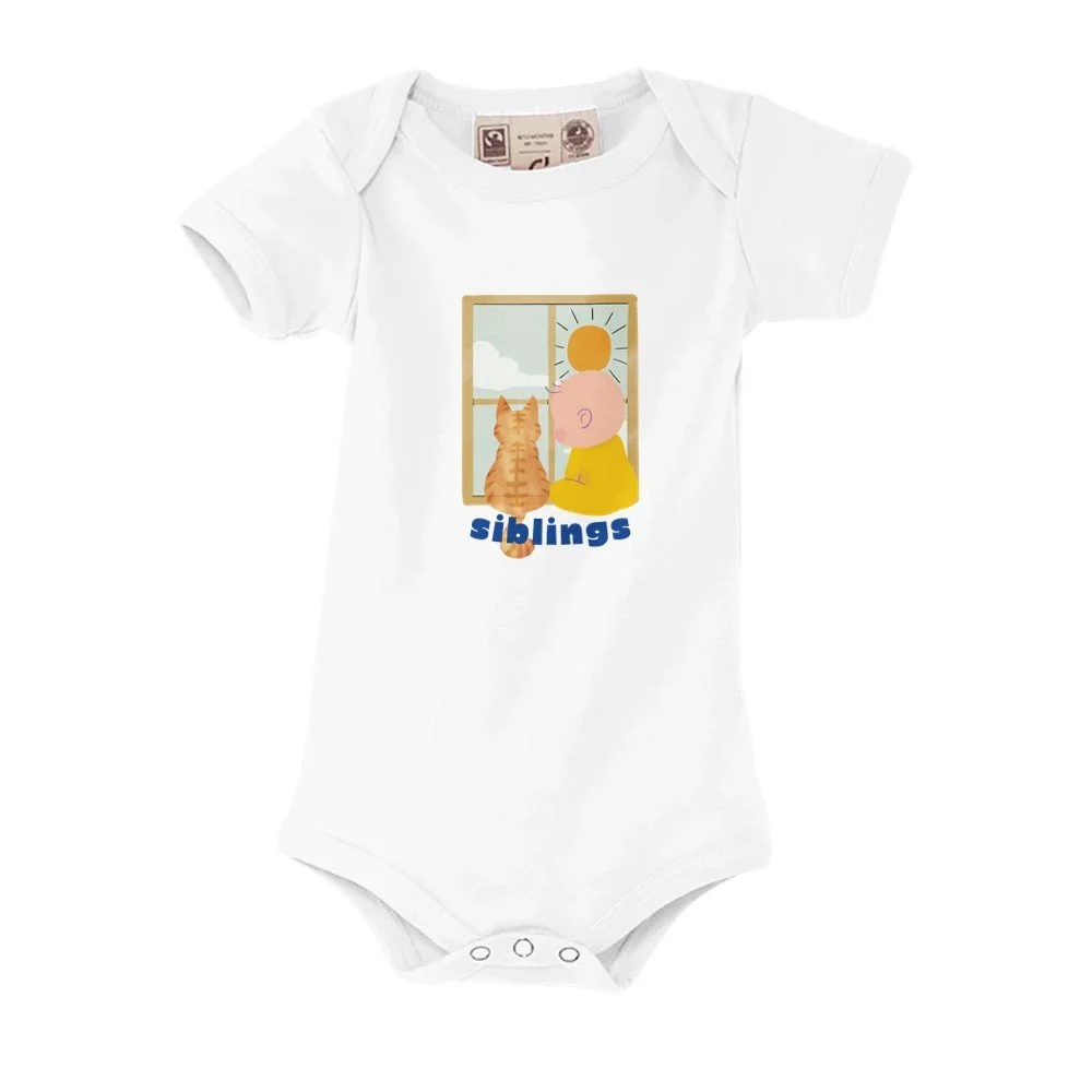 cat and baby siblings, cat baby clothing, cat design onesie organic cotton