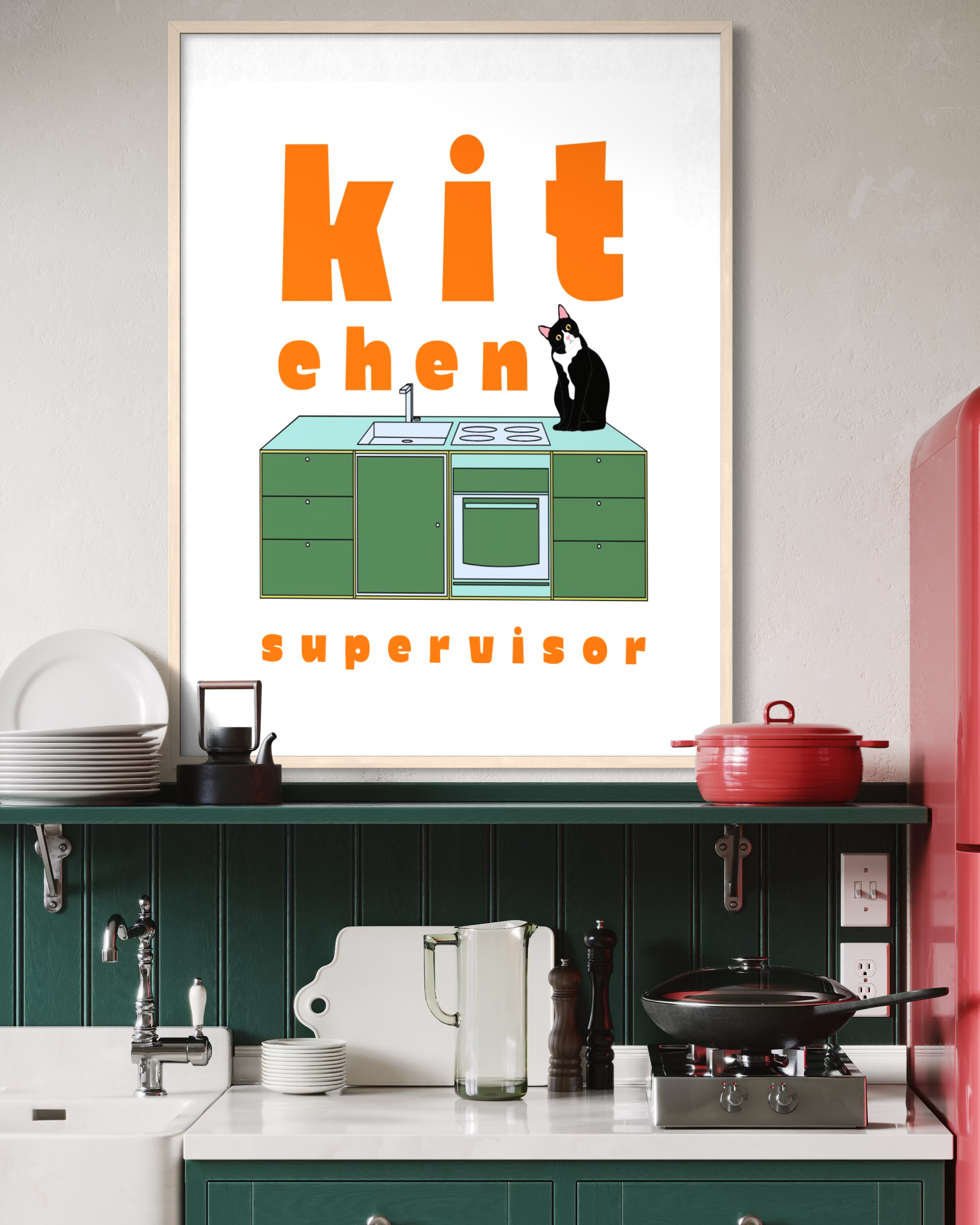 cat kitchen decor, cat wall art, funny cat print
