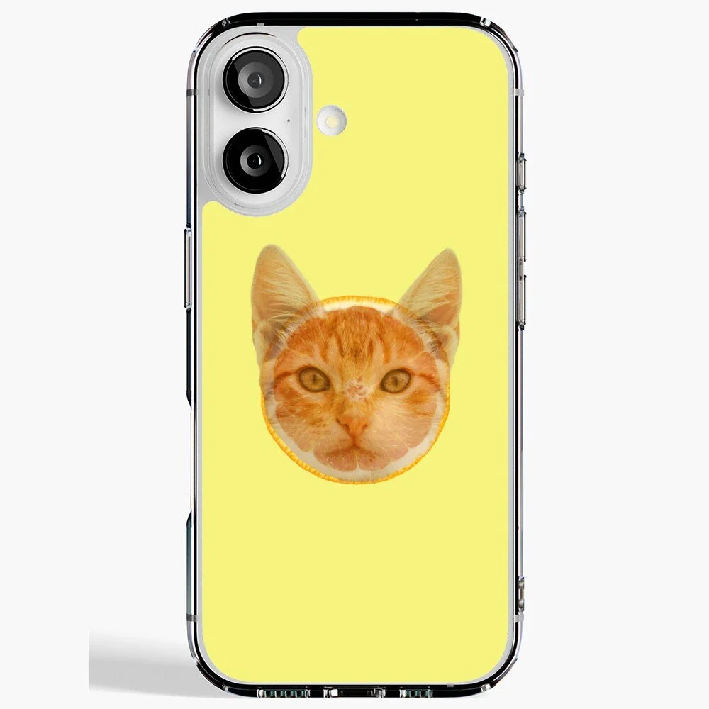 An iPhone with a yellow background and a cat's face in the center, with the face made from a sliced orange.