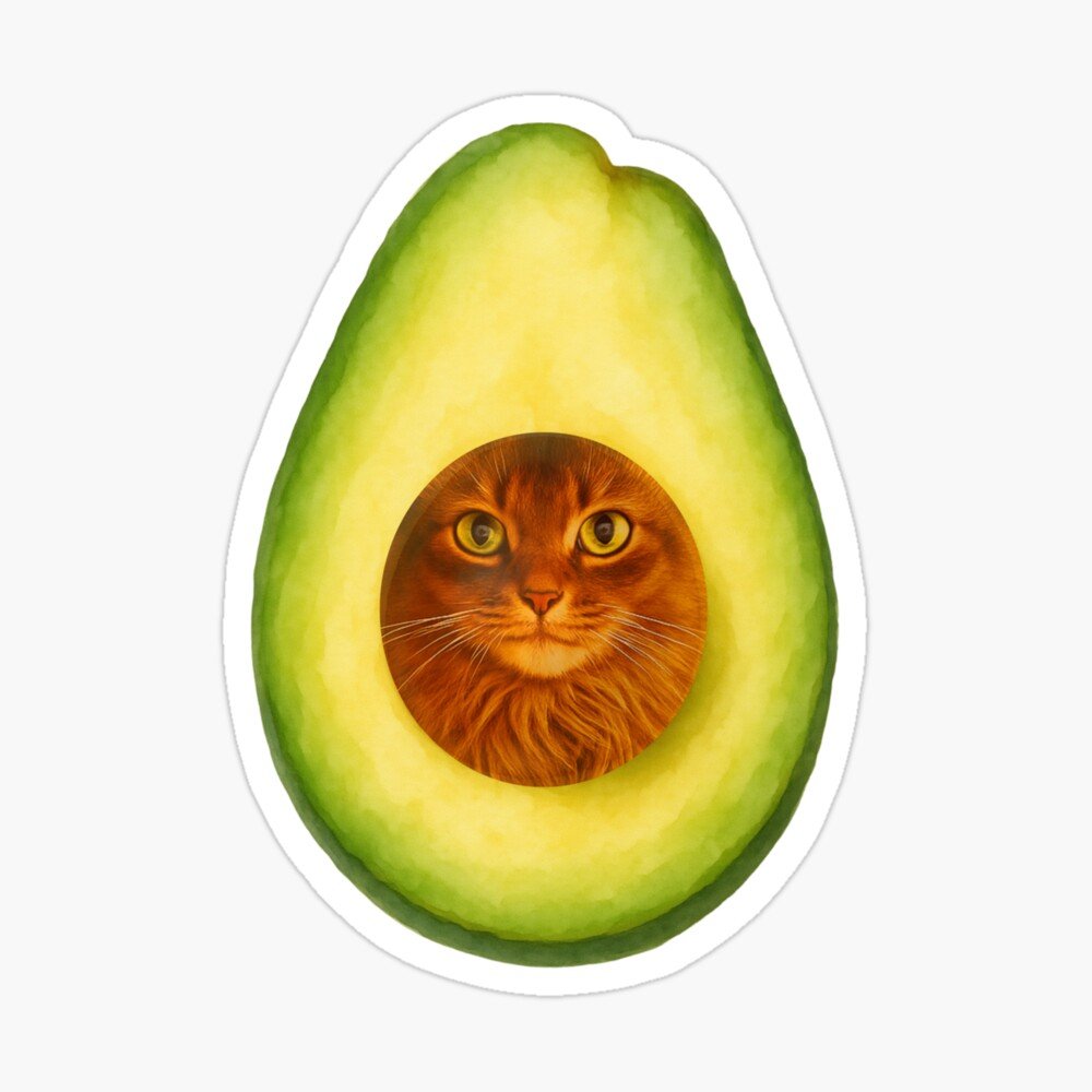 A sticker of a sliced avocado with a cat face inside the seed hole.