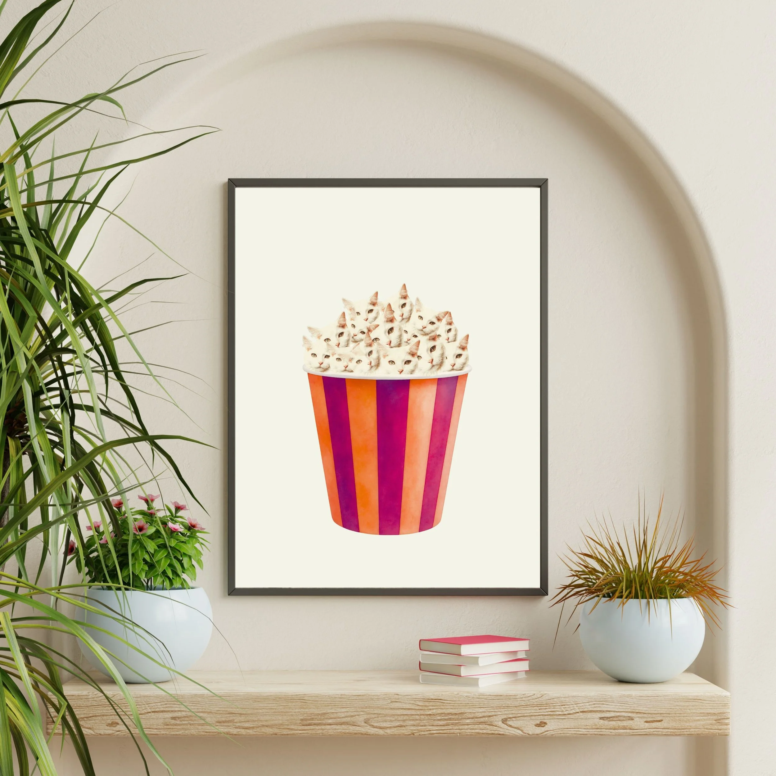 quirky cat framed print, movie night popcorn poster