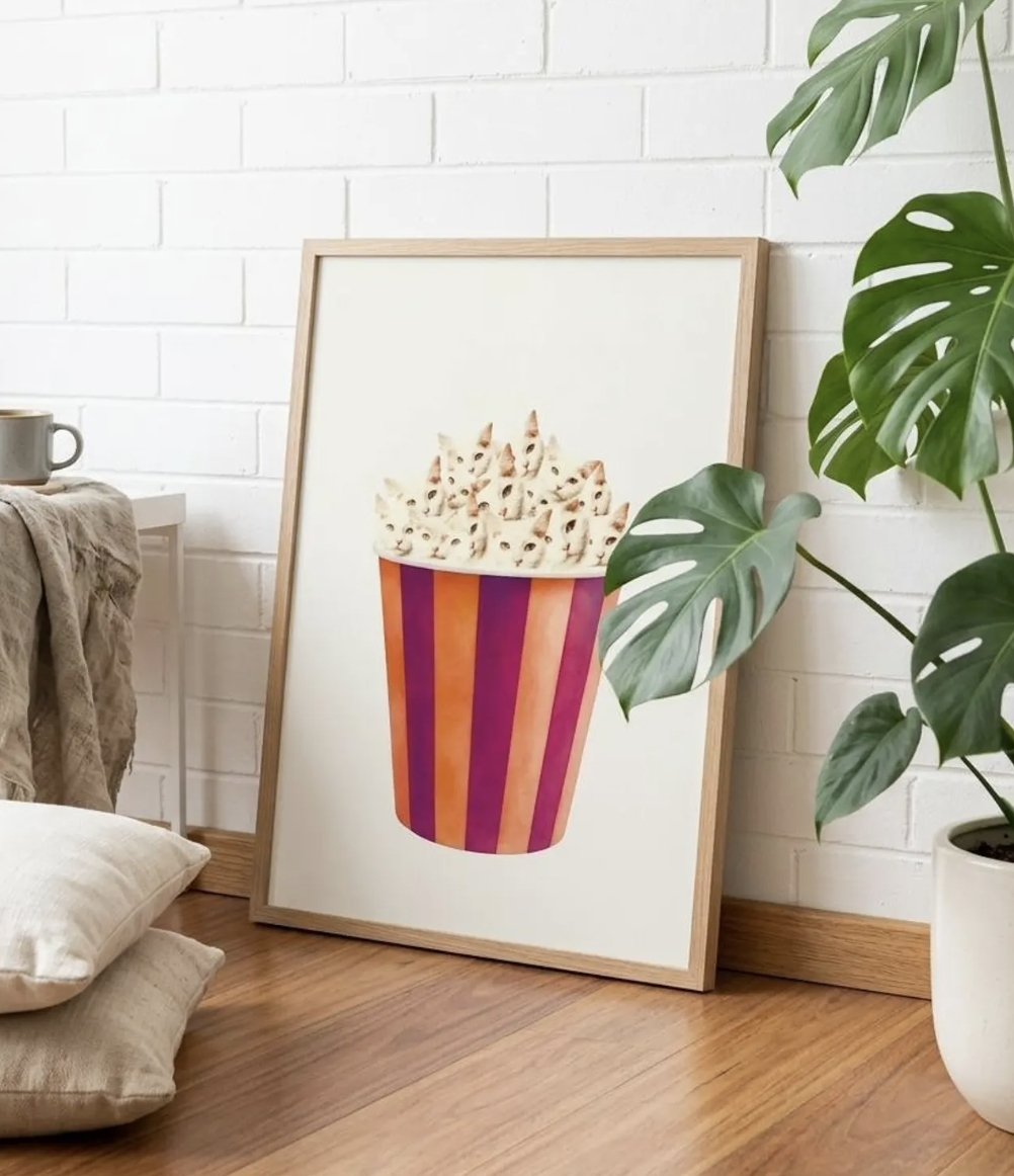quirky cat framed print, movie night popcorn poster