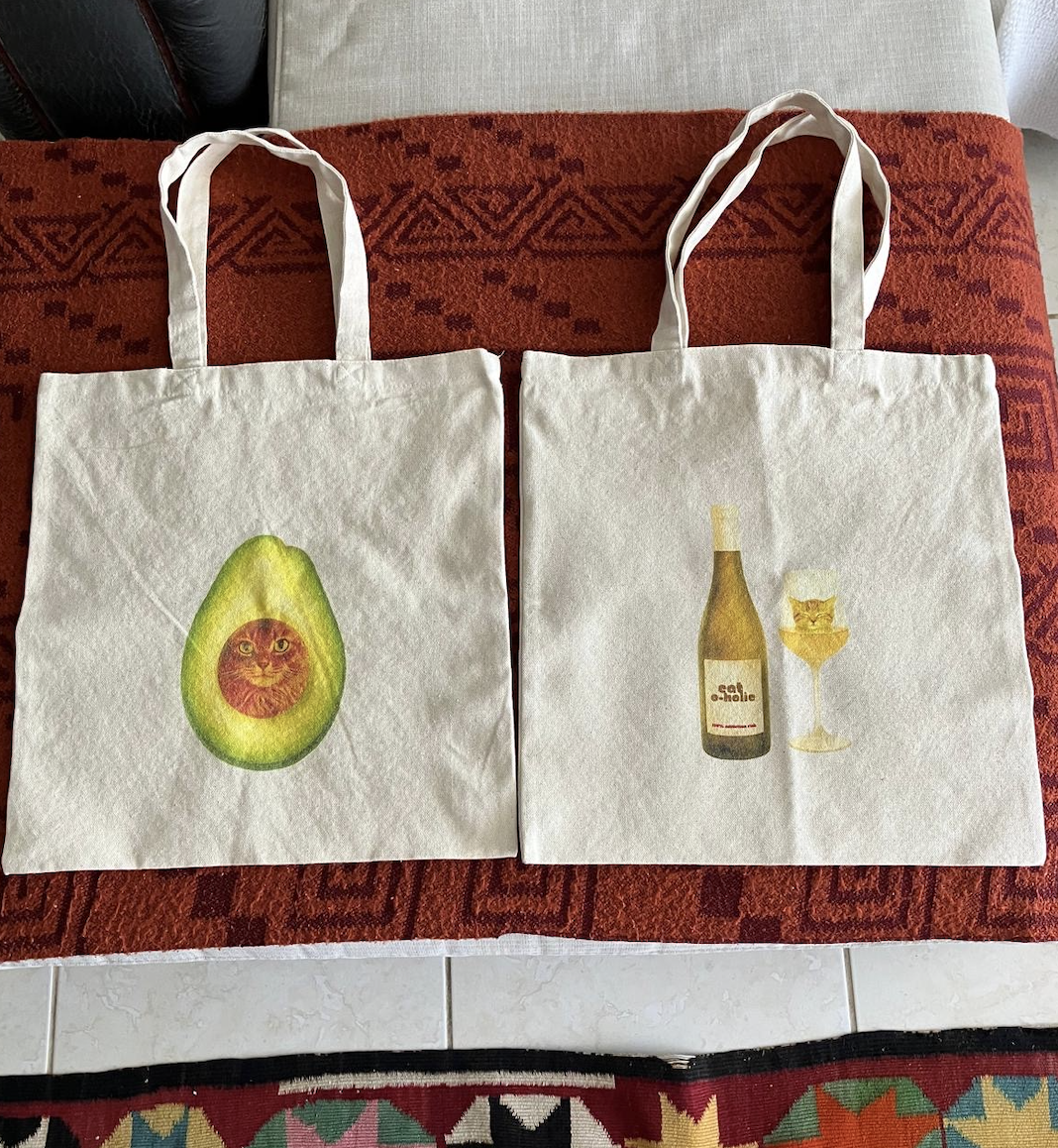 cat mom tote bag, avocado and wine lovers tote