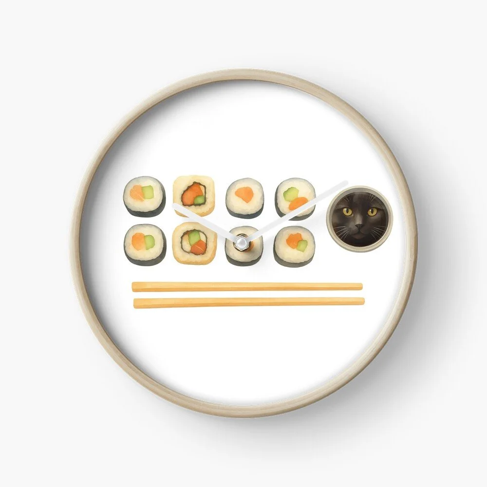 A round wall clock with sushi rolls as the face, a cat's face in a small circle on the right instead of the soy sauce, and two orange chopsticks lines at the bottom, all set against a white background.