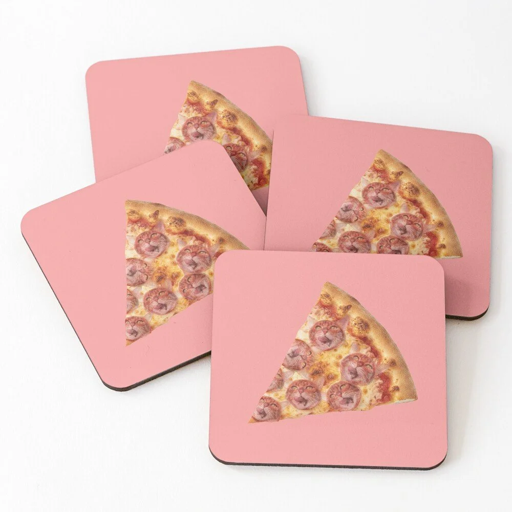 Four pink square coasters with a pizza slice design on each with cat faces as the pepperoni.