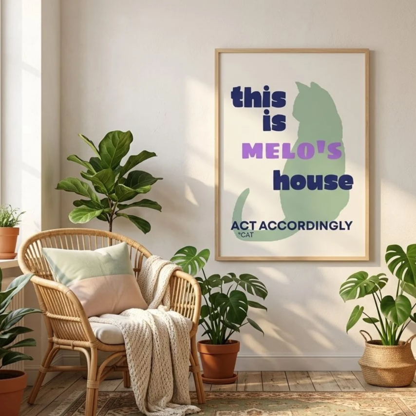Personalised Cat Name Poster Sage Green Navy | Funny Cat Wall Art | Unframed Print | Melo & Mia
