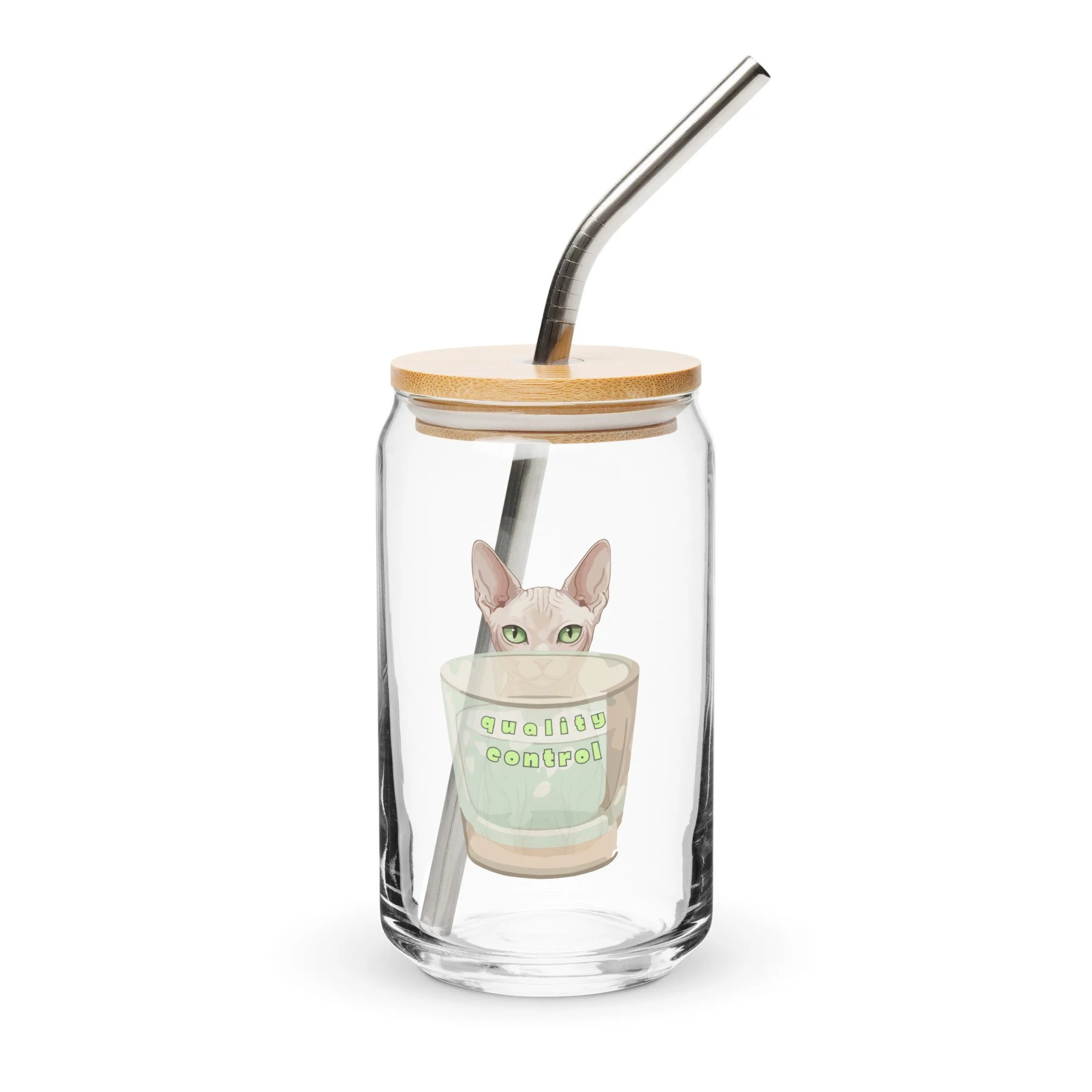 A clear glass mason jar with a bamboo lid and metal straw. The jar has a print of a cat face and a cup with the words 'quality control'.