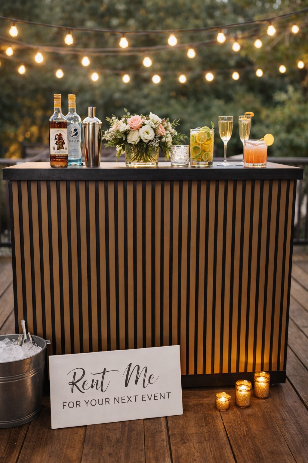An outdoor bar setup with string lights overhead, featuring bottles of liquor, a flower arrangement, and various cocktails on the bar counter. Candles are placed on the wooden deck floor, and a sign reads 'Rent Me for Your Next Event' beside a bucket of ice.