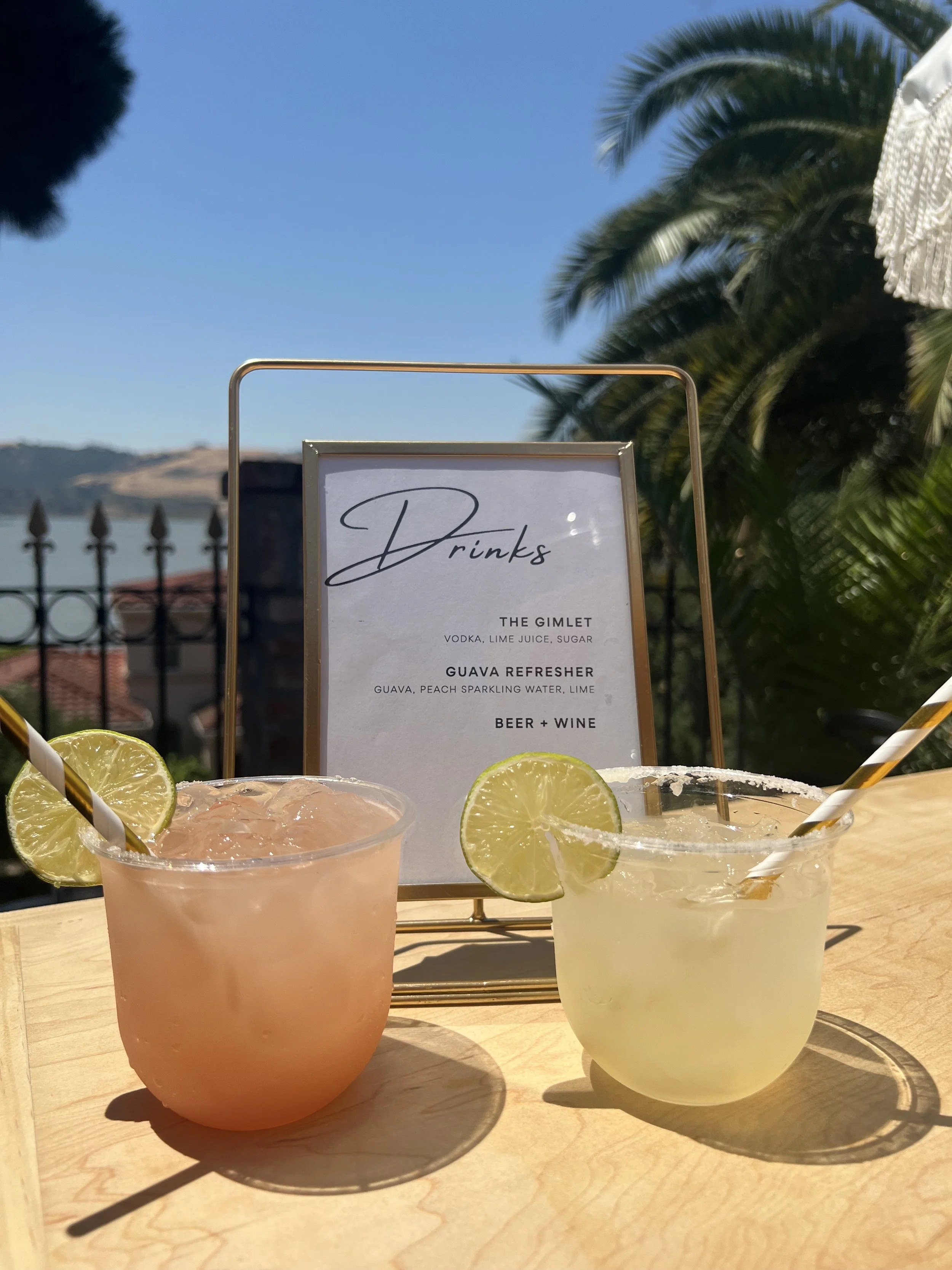 Two cocktails with lime garnishes on a wooden table, with a drinks menu in the background outdoors near palm trees and a body of water.