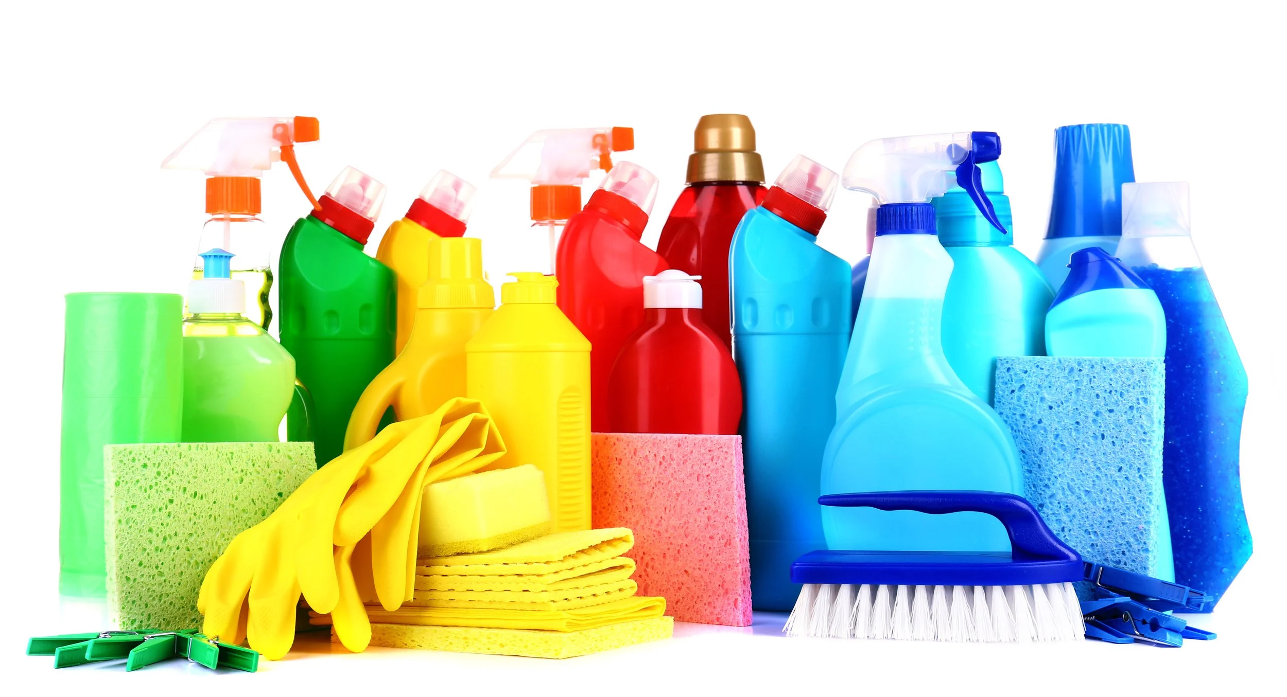Assorted cleaning supplies including spray bottles, sponges, gloves, and scrub brushes in bright colors.