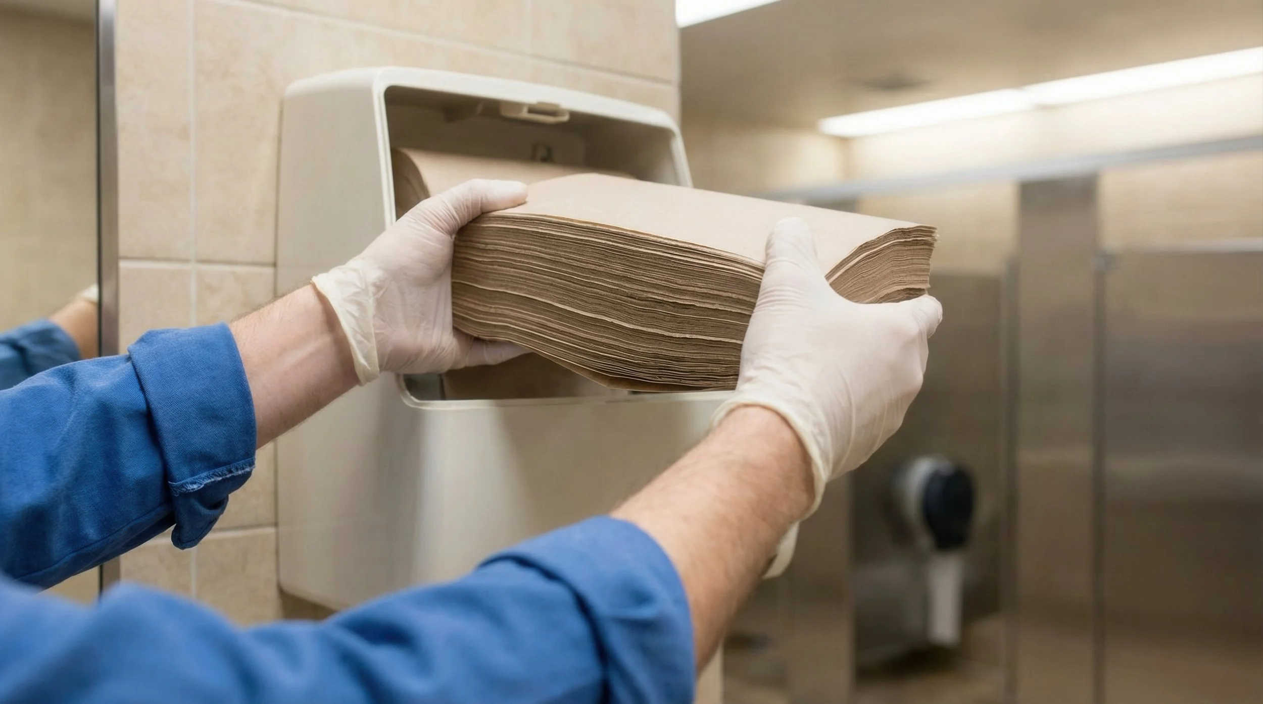 Person with gloves putting a large stack of paper into a paper shredder in a facility with beige tiled walls.