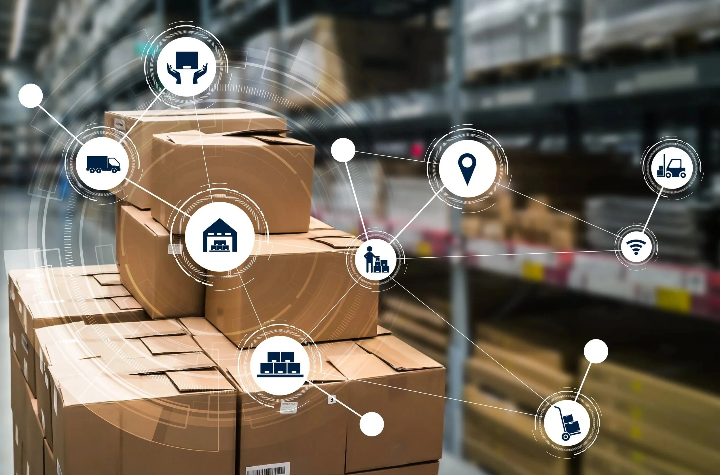 Stacked cardboard boxes on a pallet in a warehouse with digital icons indicating logistics and delivery services.