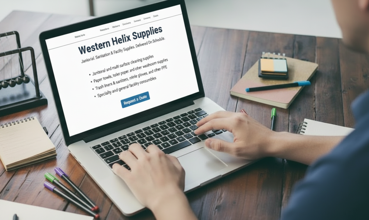 Western Helix Supplies provide Janitor and multi-surface cleaning products, paper towels, toilet paper, facial tissue and wipes, trash bin liner and plastic bags, hand soap and sanitizer, nitrile gloves, face mask and PPE