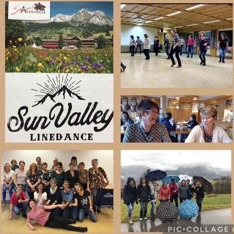 Ein Poster mit Bergmotiven und der Aufschrift Sun Valley Linedance, gefolgt von Bildern von Gruppen, Menschen beim Linedance, im Restaurant, beim Treffen im Freien mit Regenschirmen und einer Landschaft mit Bergen im Hintergrund.