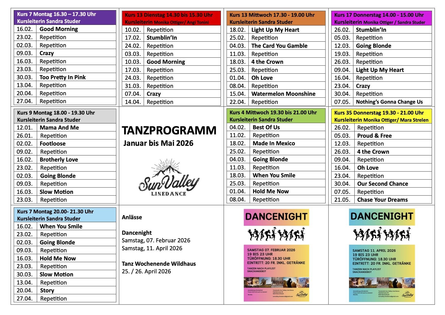 Tanzprogramm für Januar bis Mai 2026 mit Kursdetails, Kursleiter, Zeiten und Veranstaltungen, inklusive Dancenight-Poster am unteren Rand.