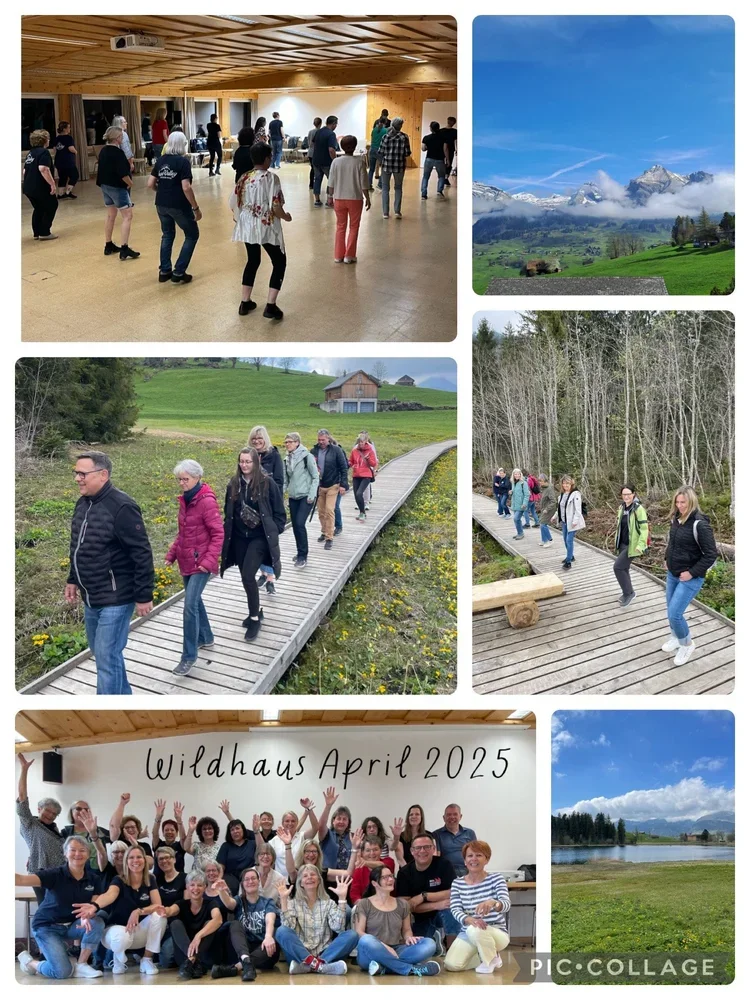 Menschen, die an einer Tanzveranstaltung in einem Saal teilnehmen, Wanderer auf einem Holzsteg in der Natur, Gruppen von Leuten beim Wandern im Wald und in der Landschaft sowie ein Gruppenfoto mit dem Text "Wildhaus April 2025" auf einer weißen Tafel