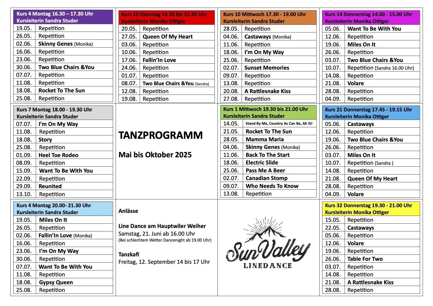 Der Tanzkursplan zeigt das Programm der Tanzschule Sun Valley Line Dance für Mai bis Oktober 2025. Es sind verschiedene Kurse mit Terminen, Uhrzeiten und Kursleitern aufgelistet, farblich unterschiedlich markiert, mit Ankündigungen für besondere Veranstaltungen, z. B. Line Dance am Hauptwiler Weiher und Tanzfasi am 21. Juni.