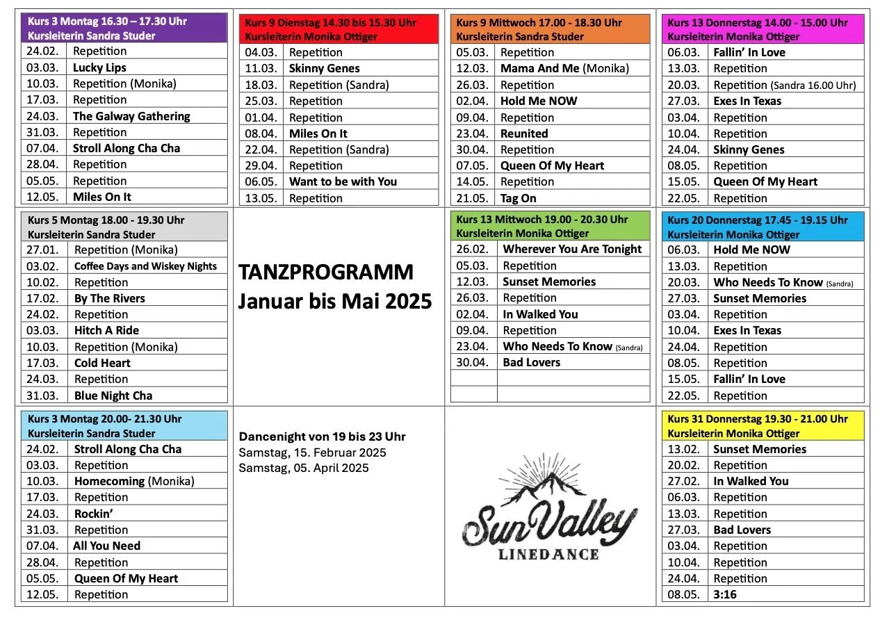 Der Tanzplan für Sun Valley Line Dance, Januar bis Mai 2025, zeigt verschiedene Kurse, Termine, Kursleiter und Liedtitel, farblich markiert nach Wochentagen und Kurszeiten.