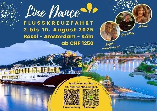 Werbeanzeige für eine Flusskreuzfahrt mit Linie Dancer vom 3. bis 10. August 2025, Stationen in Basel, Amsterdam, Köln, ab CHF 1250, inklusive Fotos der Gastgeber und der Schiffsroute.