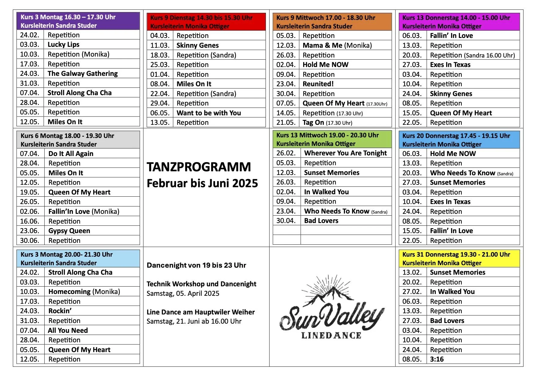 Der Tanzprogrammplan für Februar bis Juni 2025 beim Sun Valley Linedance, mit verschiedenen Kurszeiten, Kursleiterinnen und Songtiteln, farblich codiert nach Wochentagen.