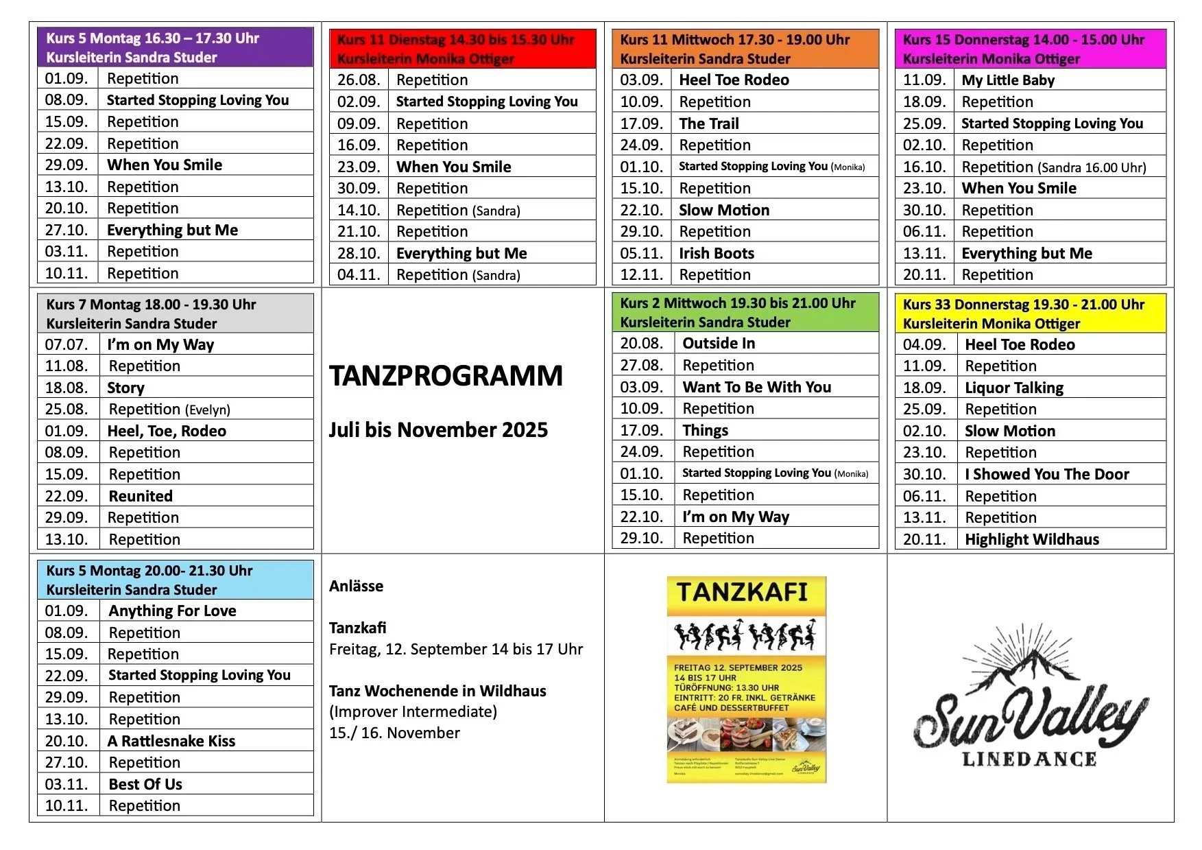 Tanzprogramm für verschiedene Kurse von Juli bis November 2025 in Sun Valley Linedance, mit Terminen, Kurszeiten und Kursleiterinnen, inklusive Veranstaltungen wie Tanzwochenende und Tanzkaffee, sowie einem Werbebild für den Tanzkaffee am 12. September 2025.