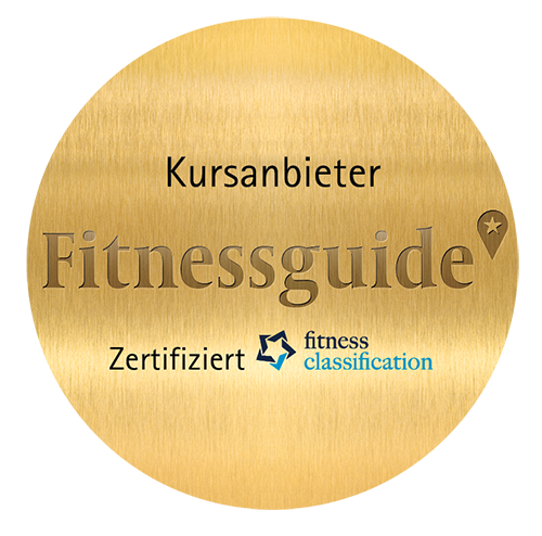 Ein goldener Abzeichen mit der Aufschrift 'Fitnessguide', 'Kursanbieter' und 'Zertifiziert' sowie das Fitness-Classification-Logo.