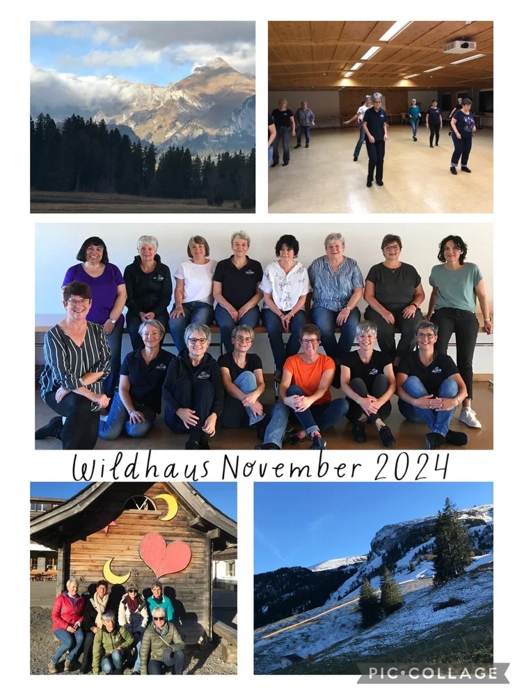 Fotocollage von einer Gruppe von Frauen in einem Gemeinschaftsraum, einer Gruppe vor einem Holzgebäude mit Mond und Herz Dekoration, sowie Landschaftsbilder mit Bergen und Schnee und einem Waldgebiet, beschriftet mit "Wildhaus November 2024".