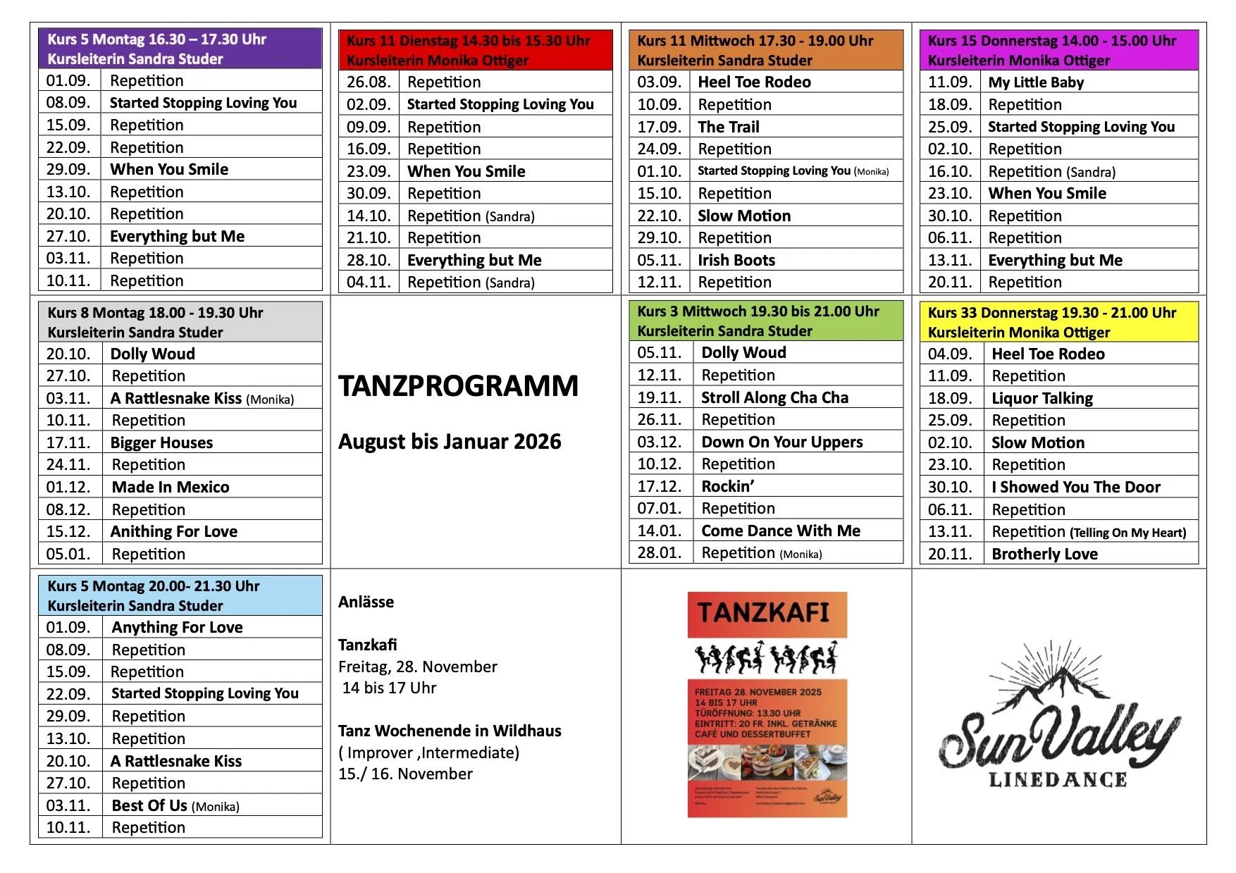 Der Tanzprogrammplan für August bis Januar 2026, aufgeteilt nach Kurstagen, -zeiten und -lehrern, mit einzelnen Tanzliedern, und ein Hinweis auf die Veranstaltung "TANZKAFEI" am 28. November 2025, sowie das Logo des Sun Valley Linedance Vereins.