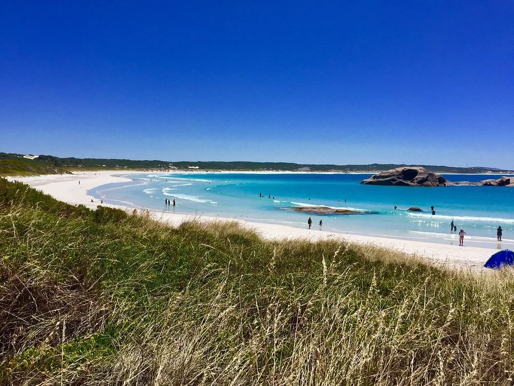 Sunlit beach with white sand, blue waters, and people enjoying the shoreline. Green grassy dunes in the foreground, rocky formations in the water, and a clear blue sky overhead.