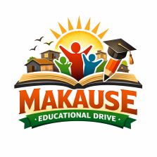 Logo for MAKAISE Educational Drive featuring an open book, a graduation cap, a pencil, and a stylized sun with people and houses in the background.