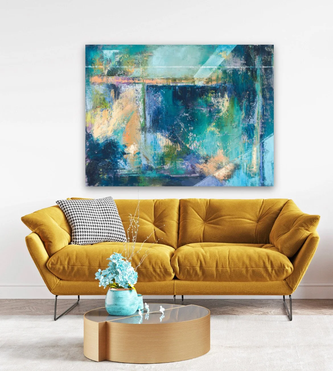 A photo showing the painting of Anne hanging in a living room